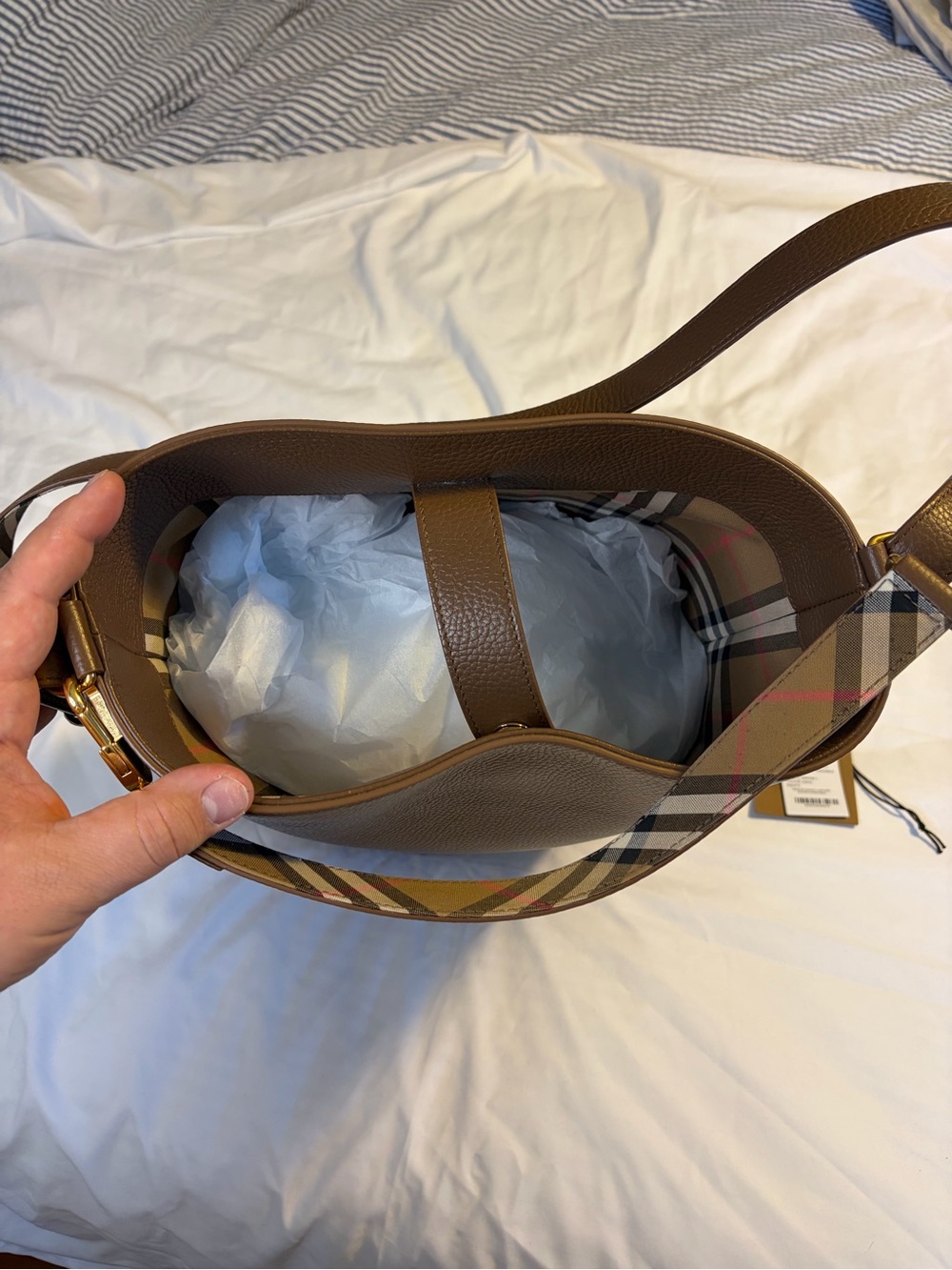 Burberry Chocolate Brown Pebbled Leather Bucket Bag with Check Strap - Picture 5 of 8